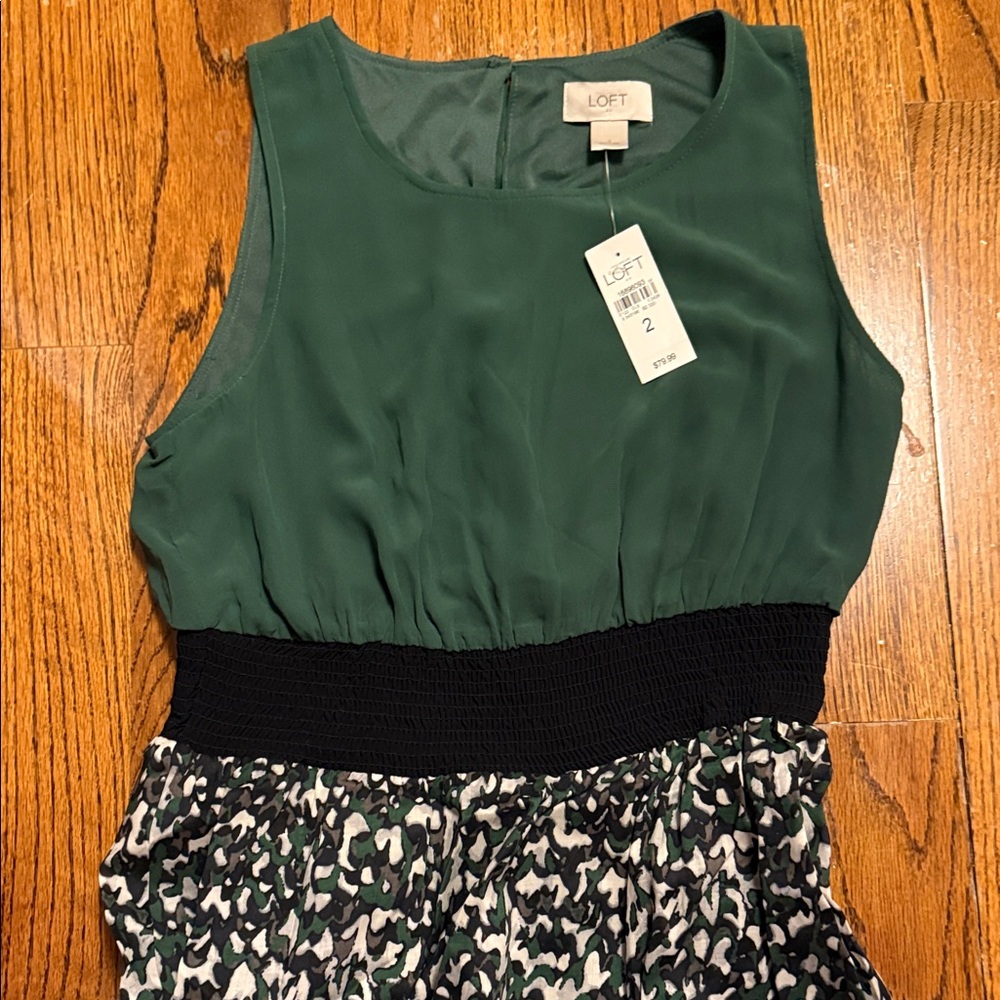 LOFT Forest Green and Black Patterned Dress